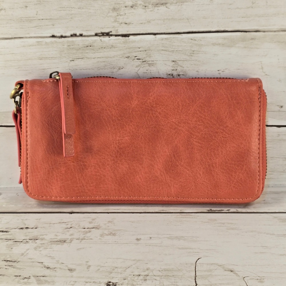 Joy Susan Coral Pink Vegan Leather Zip Around Wristlet Wallet Clutch
